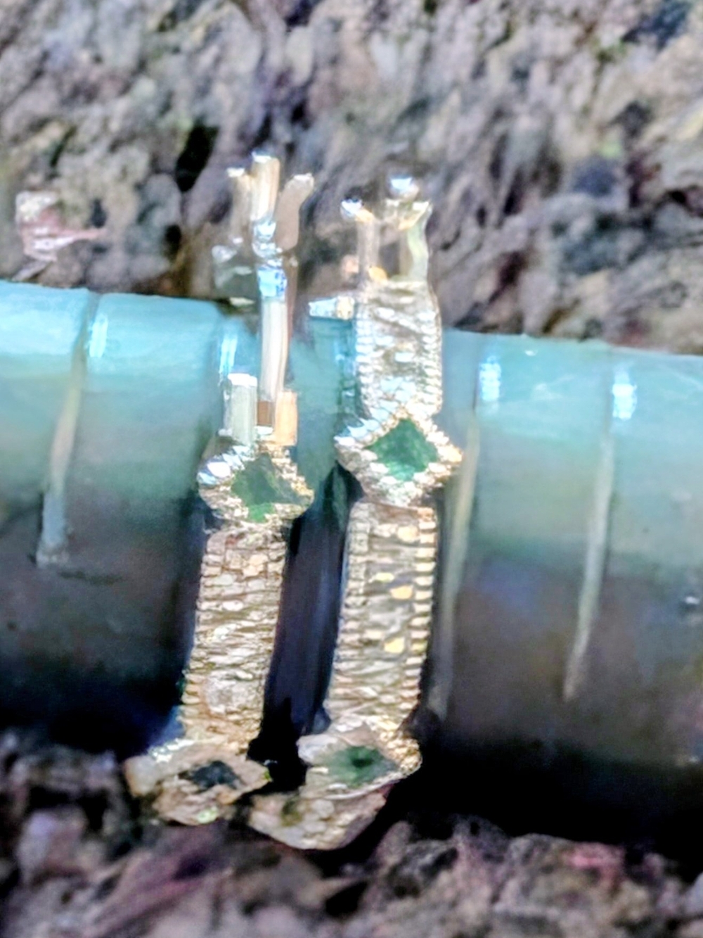 Silver-Tone Textured Hoop Earrings with Green Stone Accents